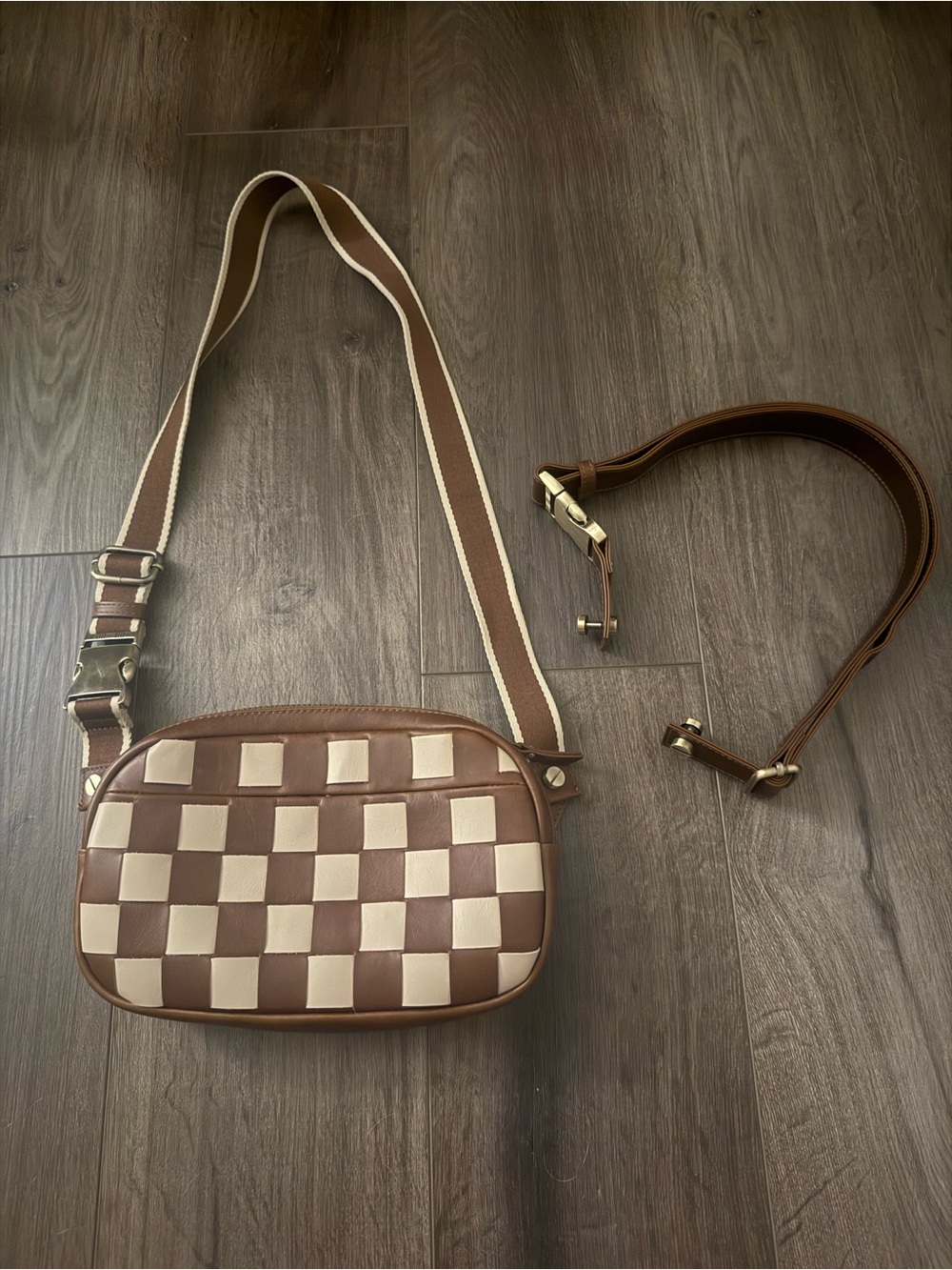 Brown & Cream Checker Crossbody Bag with Adjustable Strap